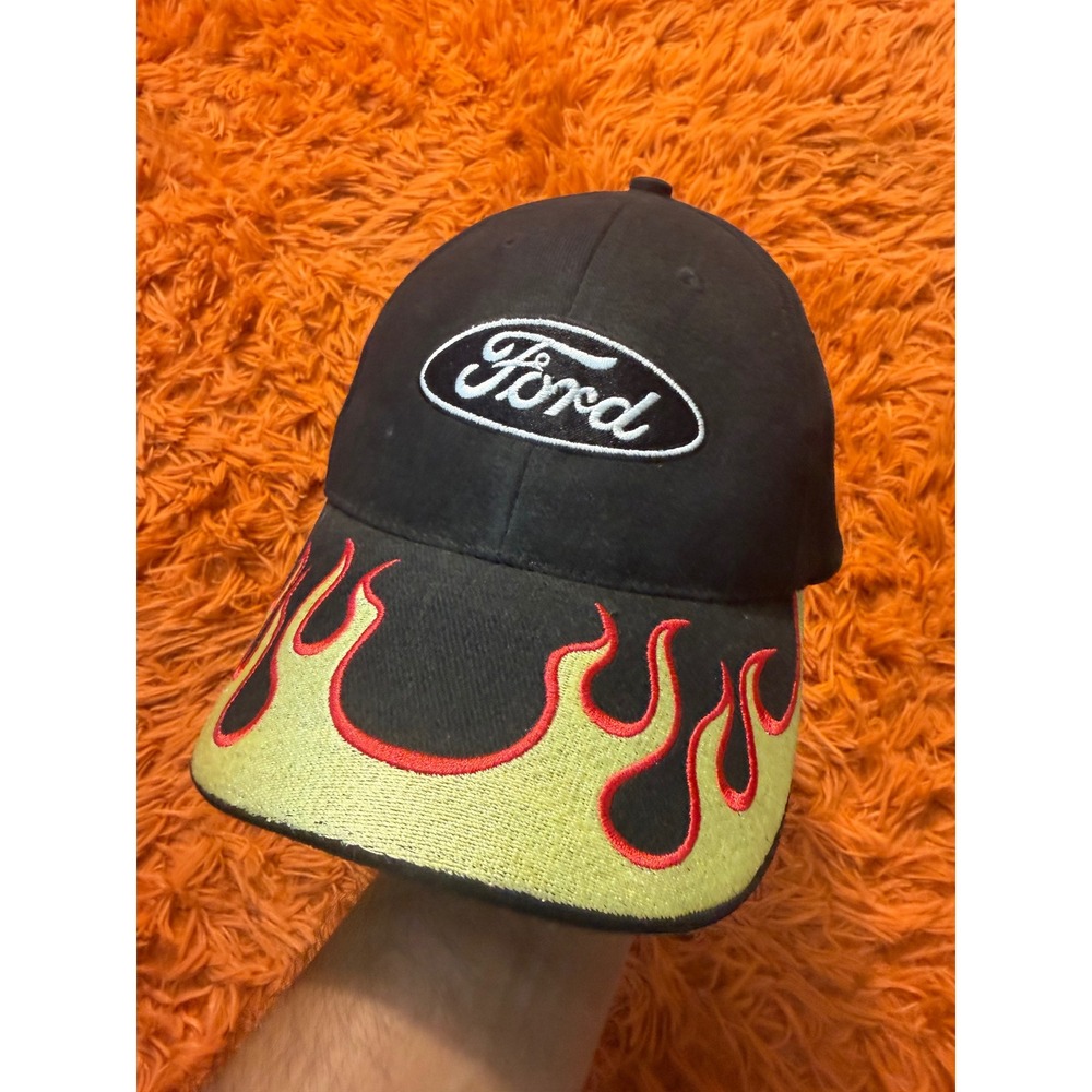 Ford Motor Company Black Hat Yellow Brim Red Flames Embroidered Baseball Cap